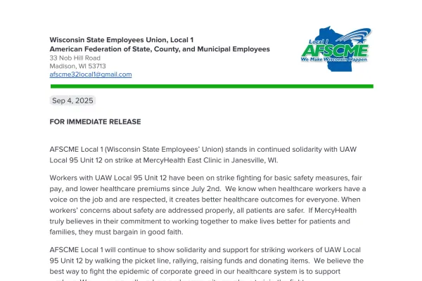 AFSCME Local 1 (Wisconsin State Employees’ Union) stands in continued solidarity with UAW Local 95 Unit 12 on strike at MercyHealth East Clinic in Janesville, WI.