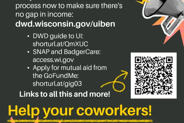 Flier for GoFundMe campaign for laid-off Wisconsin Historical Society workers with QR codes