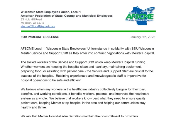 AFSCME Local 1 stands in solidarity with SEIU Wisconsin Meriter Service and Support Staff