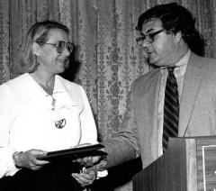 Mildred Wurf accepts an award on behalf of her husband, AFSCME President Jerry Wurf, from Rep. Barney Frank (D-MA) at the 1981 Americans for Democratic Action (ADA) banquet. (Photo credit: AFSCME Archives, Walter P. Reuther Library)